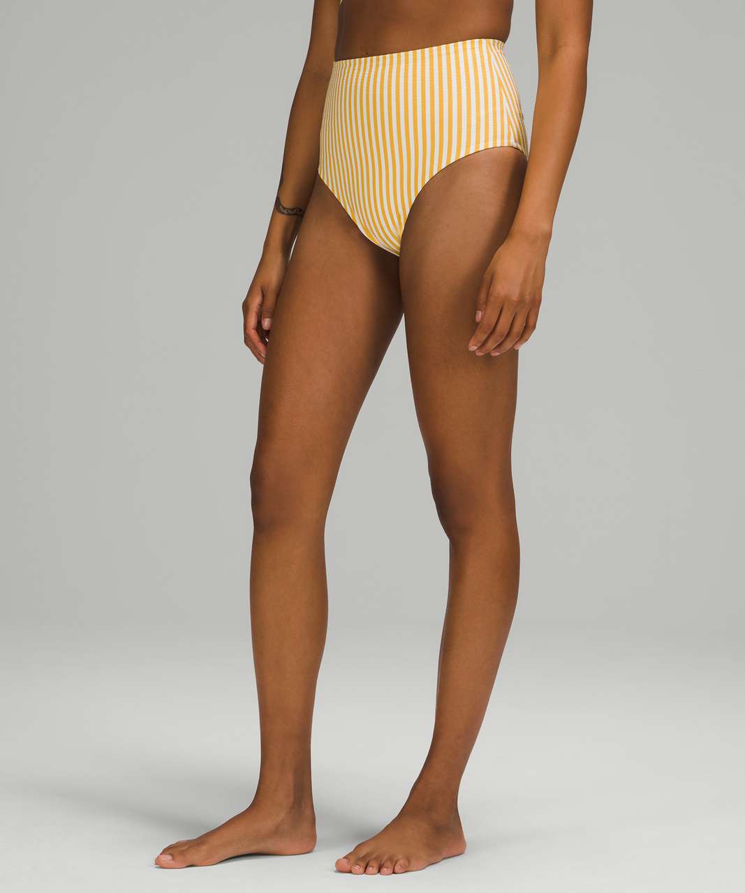 Lululemon Waterside Seersucker High Waist Skimpy Swim Bottom - Energize Stripe White Wheat Yellow