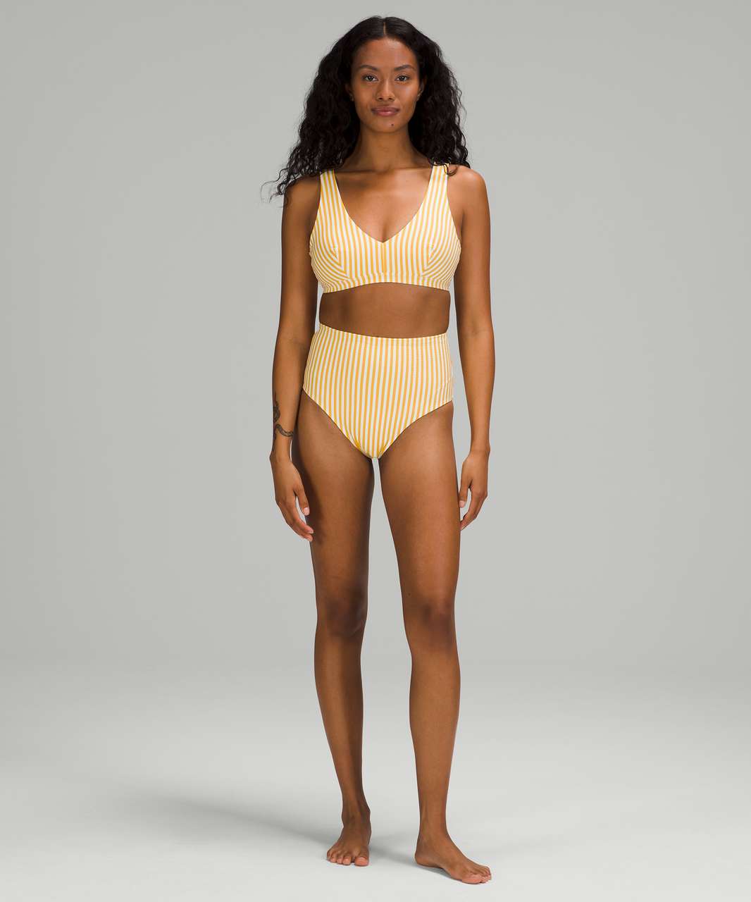 Lululemon Waterside Seersucker High Waist Skimpy Swim Bottom - Energize Stripe White Wheat Yellow