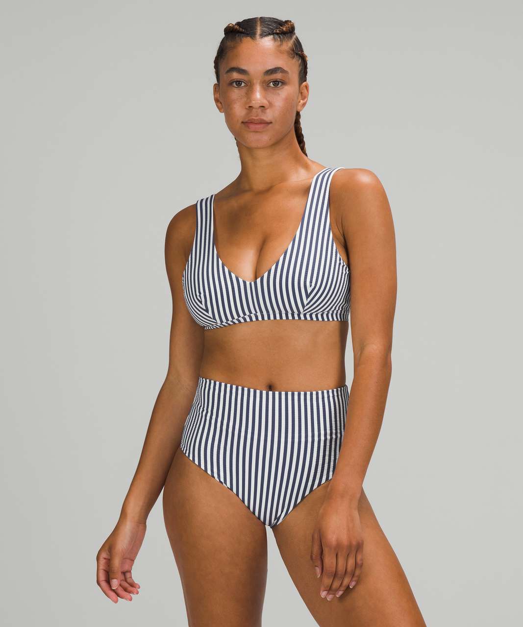 Lululemon Waterside V Seersucker Swim Top *C/D Cups - Energize Stripe White Blue Hail