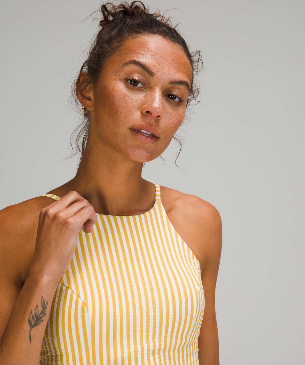 Lululemon Seersucker High-Neck Long-Line Swim Top *C/D Cups - Energize Stripe White Wheat Yellow