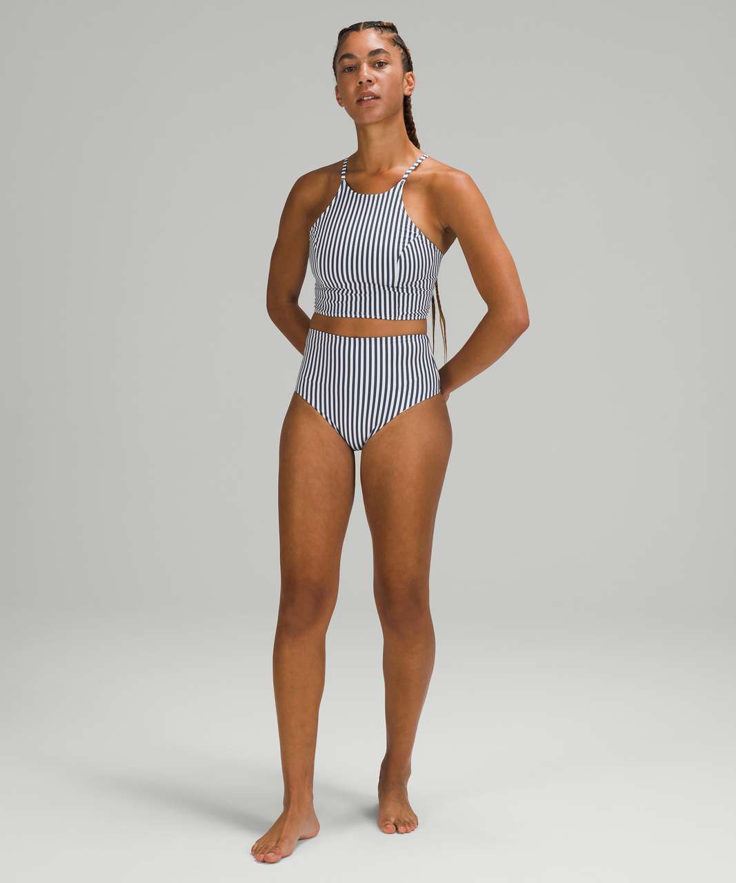 Lululemon Seersucker High-Neck Long-Line Swim Top *C/D Cups - Energize Stripe White Blue Hail