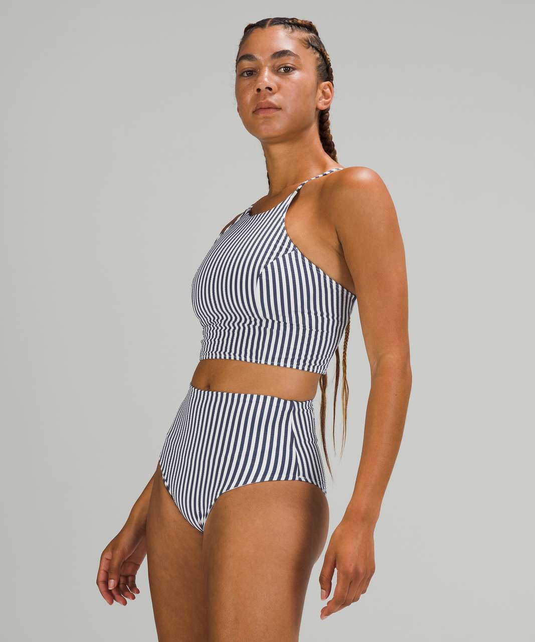 Lululemon Seersucker High-Neck Long-Line Swim Top *C/D Cups - Energize  Stripe White Blue Hail - lulu fanatics