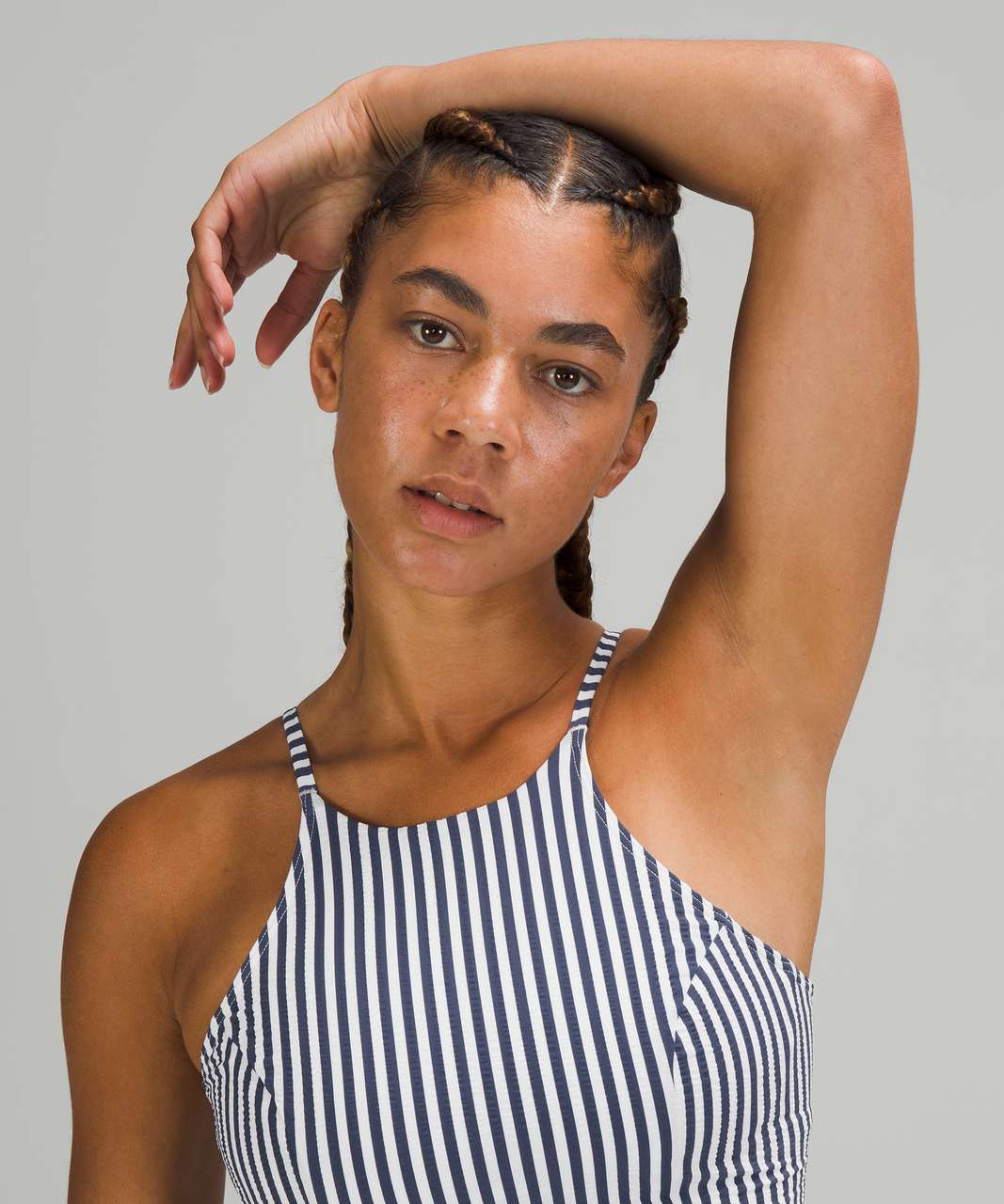 Lululemon Seersucker High-Neck Long-Line Swim Top *C/D Cups - Energize Stripe White Blue Hail