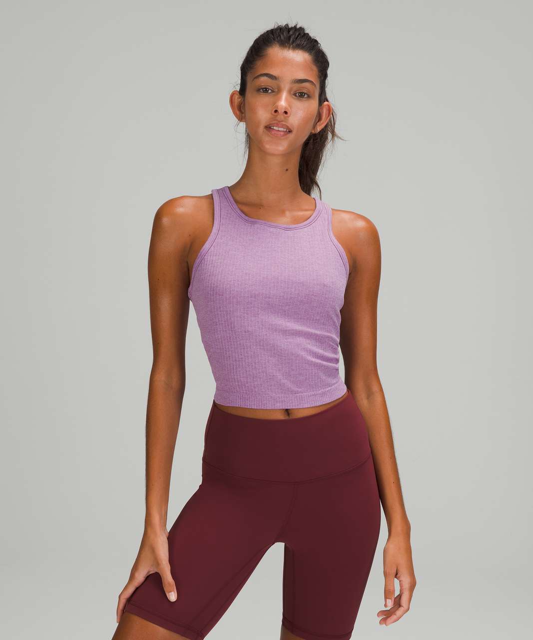 High neck align tank in pink taupe vs ebb to street crop in wisteria  purple, with relaxed high rise joggers in cassis! All size 6 : r/lululemon