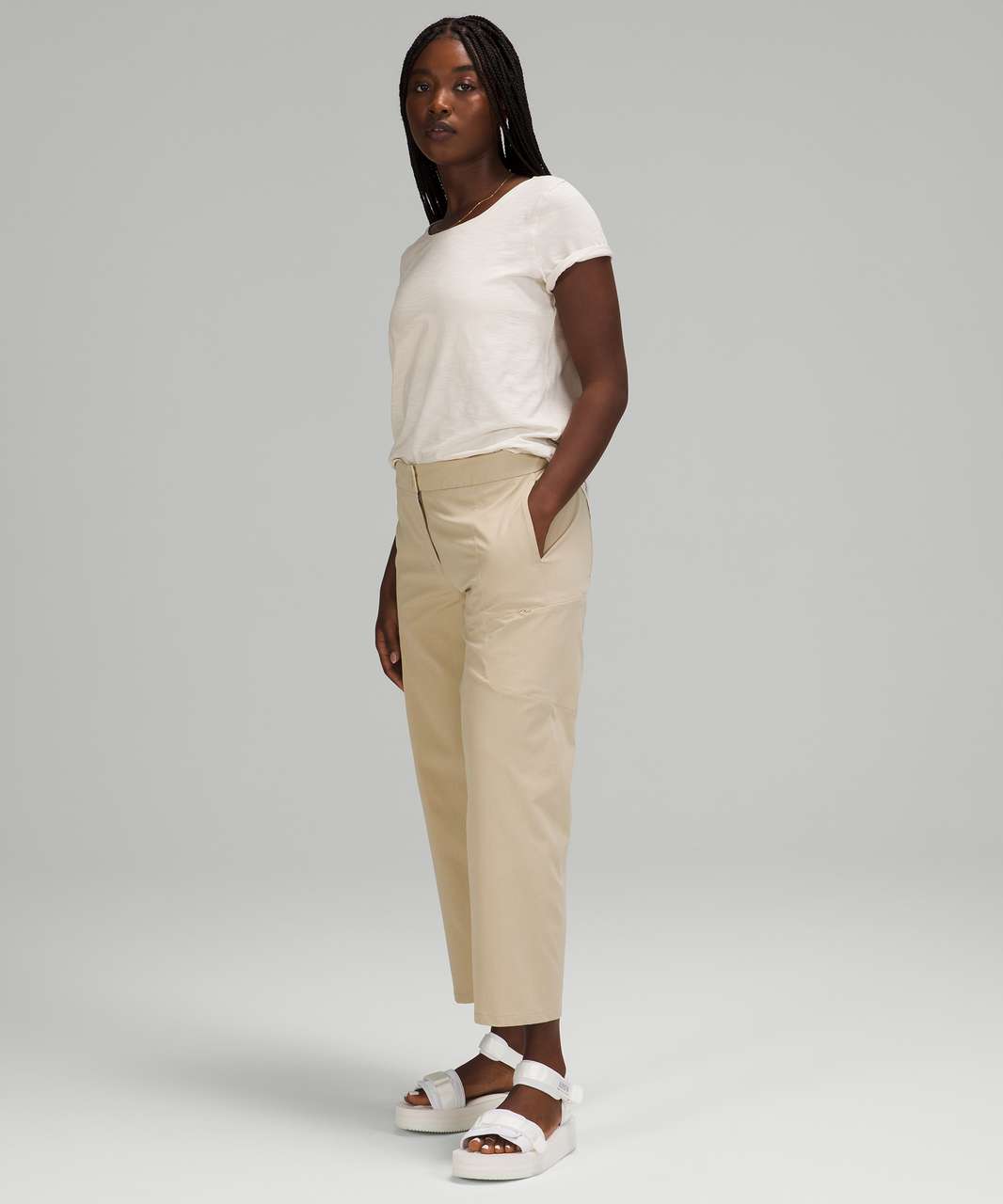 Wide Beige Pants with Short Sleeve White Shirt