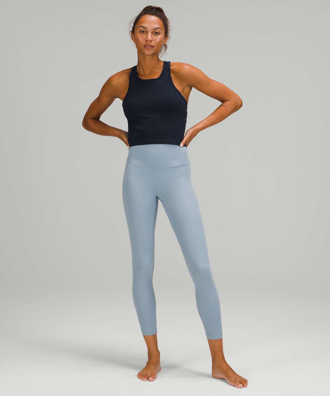 How much True Navy is enough? 😂 A new take on workout to work fit.  Workout: True Navy Ebb to Street Bra and 25” WT Work: True Navy Hold Tight  Tank and