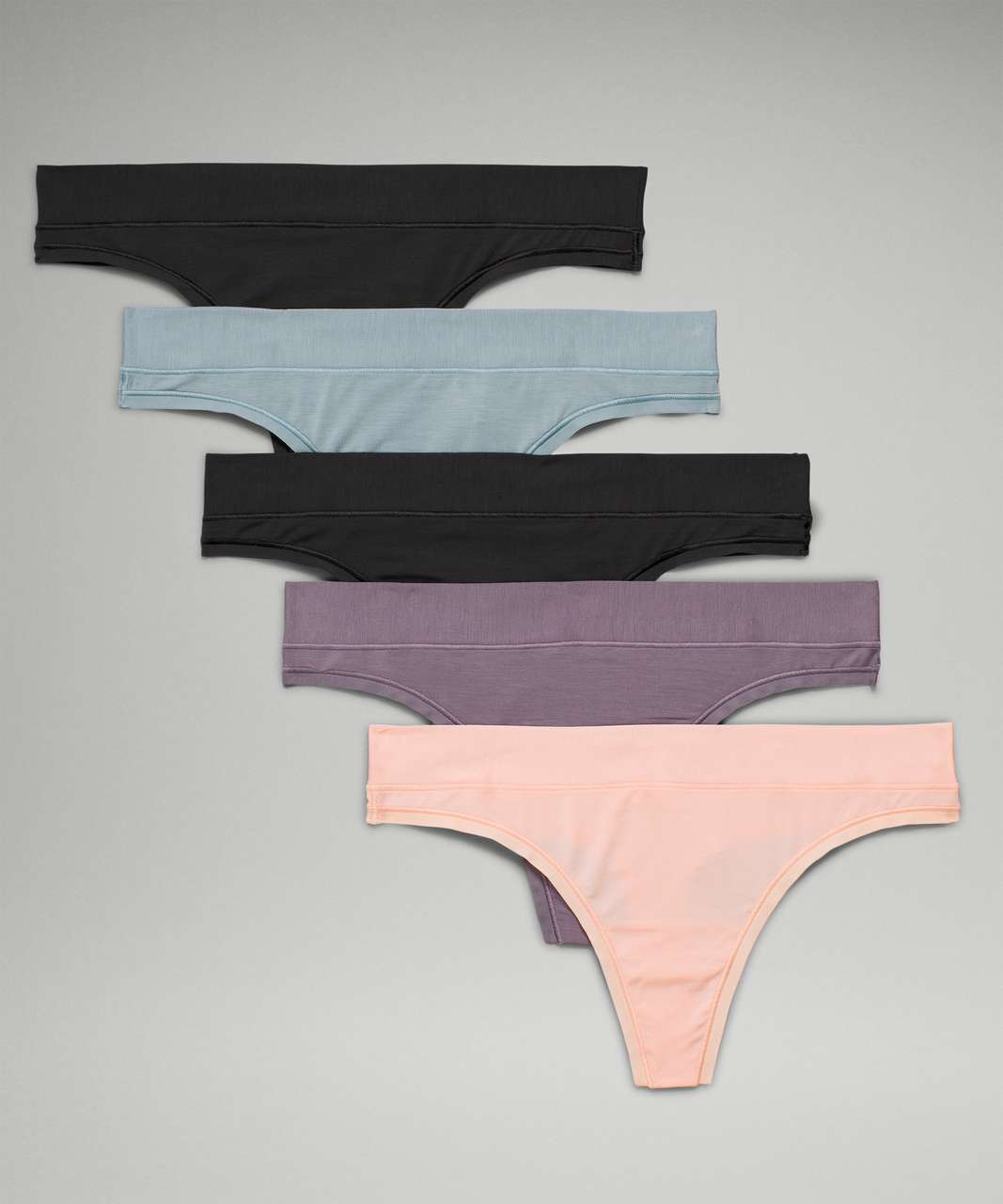 Lululemon UnderEase Mid Rise Thong Underwear *5 Pack - Black / Black / Dusky Lavender / Blue Cast / Pink Mist
