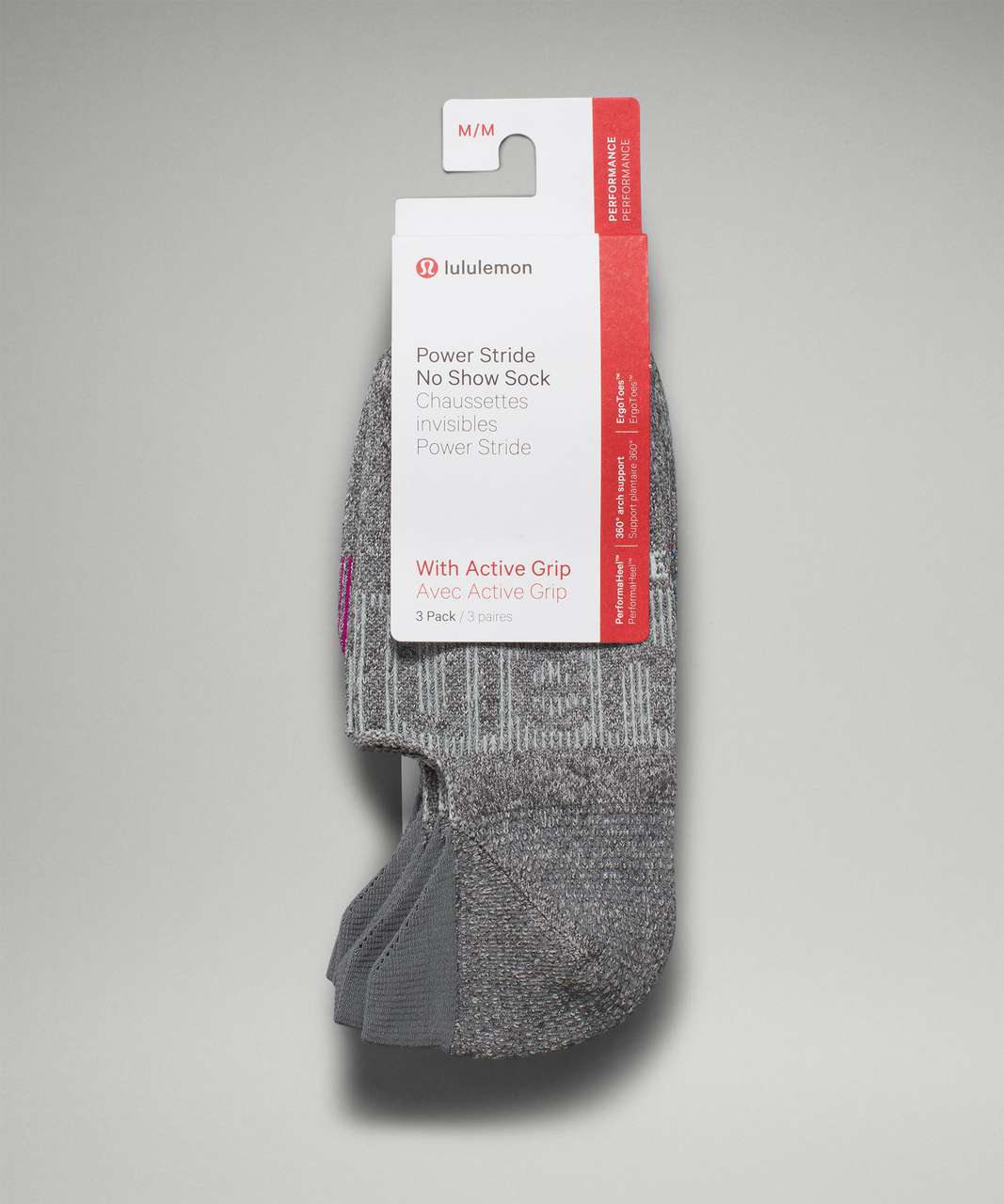 Lululemon Power Stride No-Show Sock with Active Grip *3 Pack - Heather Grey / Delicate Mint / Ripened Raspberry