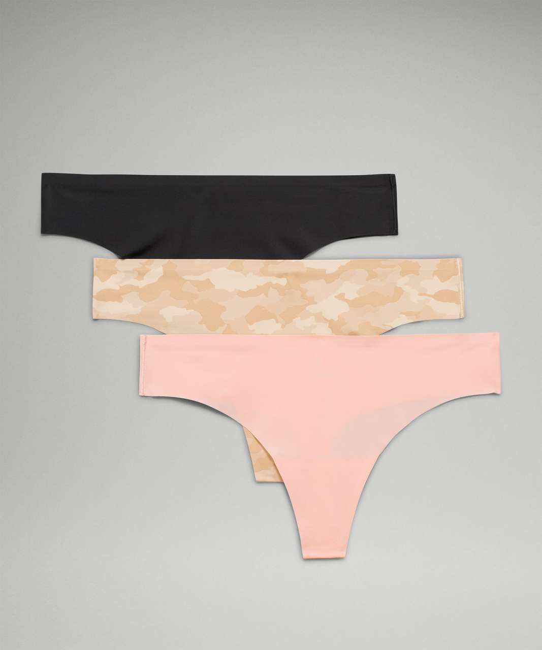 Lululemon InvisiWear Mid Rise Thong Underwear 3 Pack - Heritage 365 Camo Mini Rotated Pecan Tan Multi / Pink Mist / Black