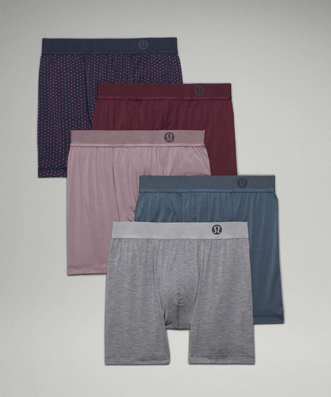 Lululemon Always in Motion Boxer 5" *5 Pack - Lunar Rock / Doodle Dot Pink Lychee True Navy / Iron Blue