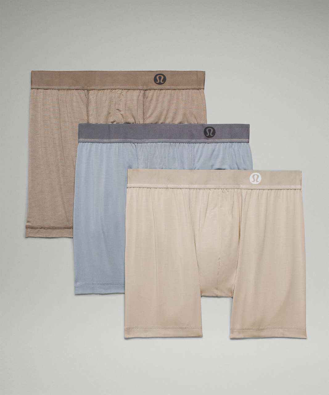 Lululemon Always In Motion Boxer 5" *3 Pack - Raw Linen / Jumie Stripe Print Raw Linen Rover / Chambray