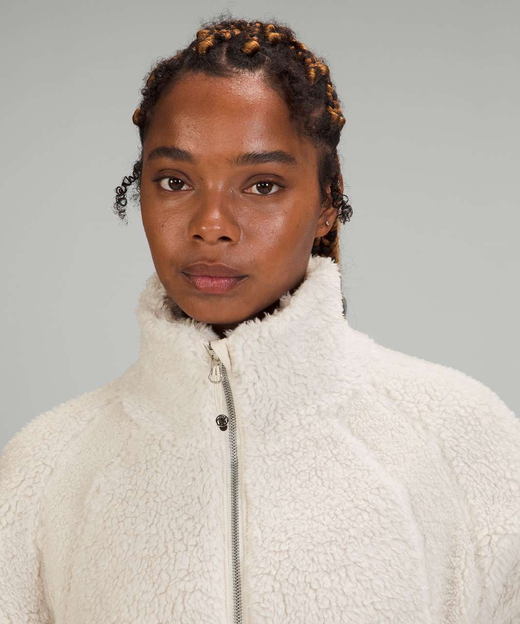 Long Textured Fleece Jacket, White Opal