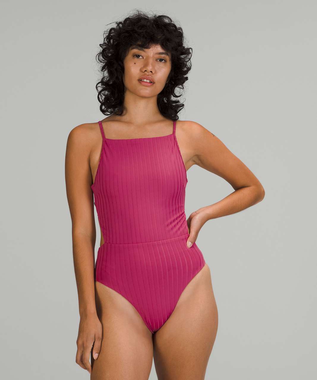 Lululemon Ribbed High-Neck Cross-Back One-Piece - Pink Lychee