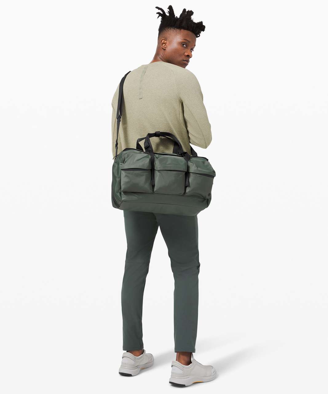 LuluLemon Tall Green & White Canvas Duffle Bag, Sling Backpack