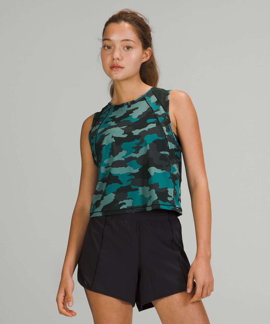 Lululemon Sculpt Cropped Tank Top In Heritage 365 Camo Tidewater Teal  /rainforest Green