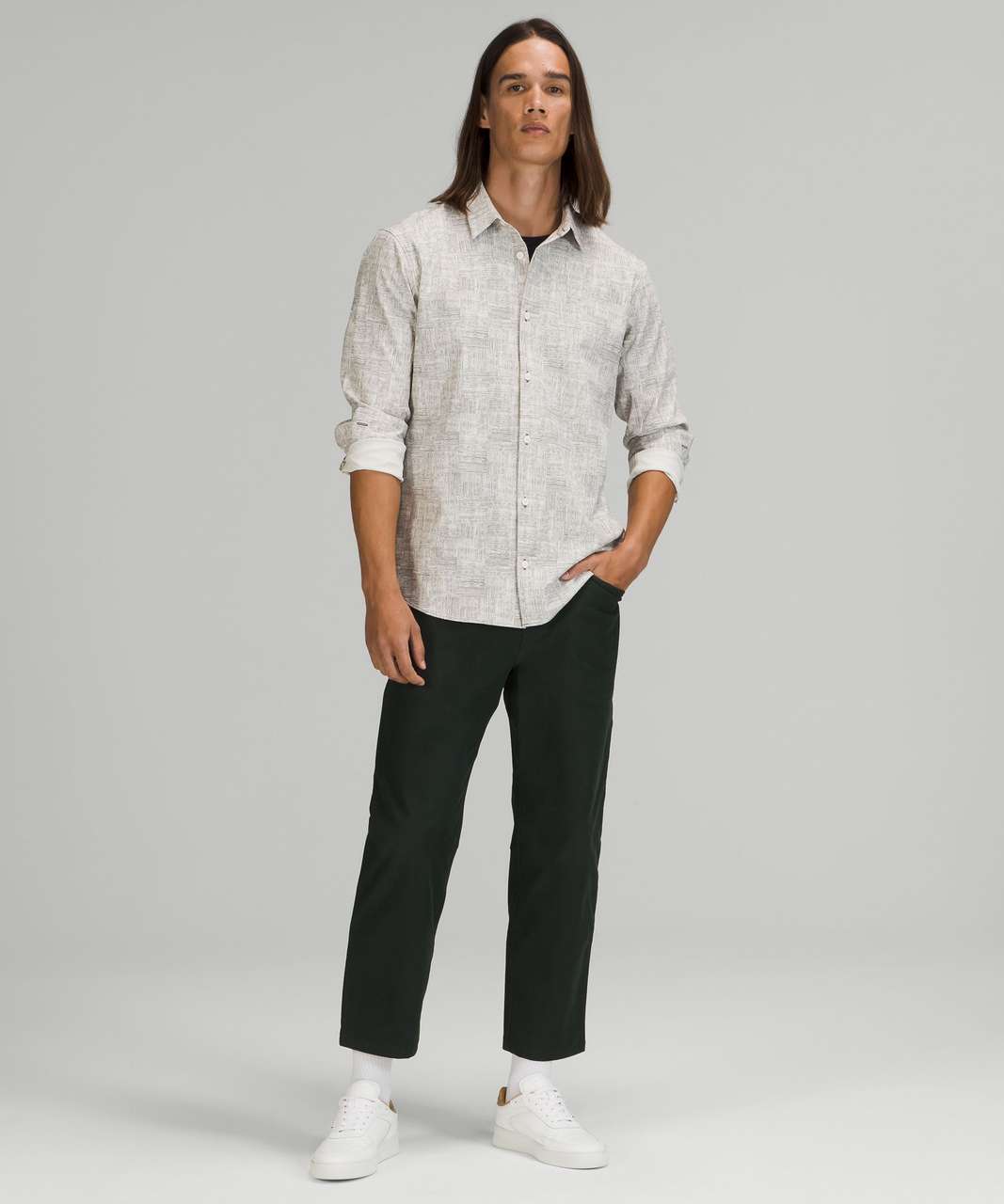 Lululemon Airing Easy Long Sleeve Button Up Shirt *Ventlight Mesh - Offset Stripe White Opal Graphite Grey