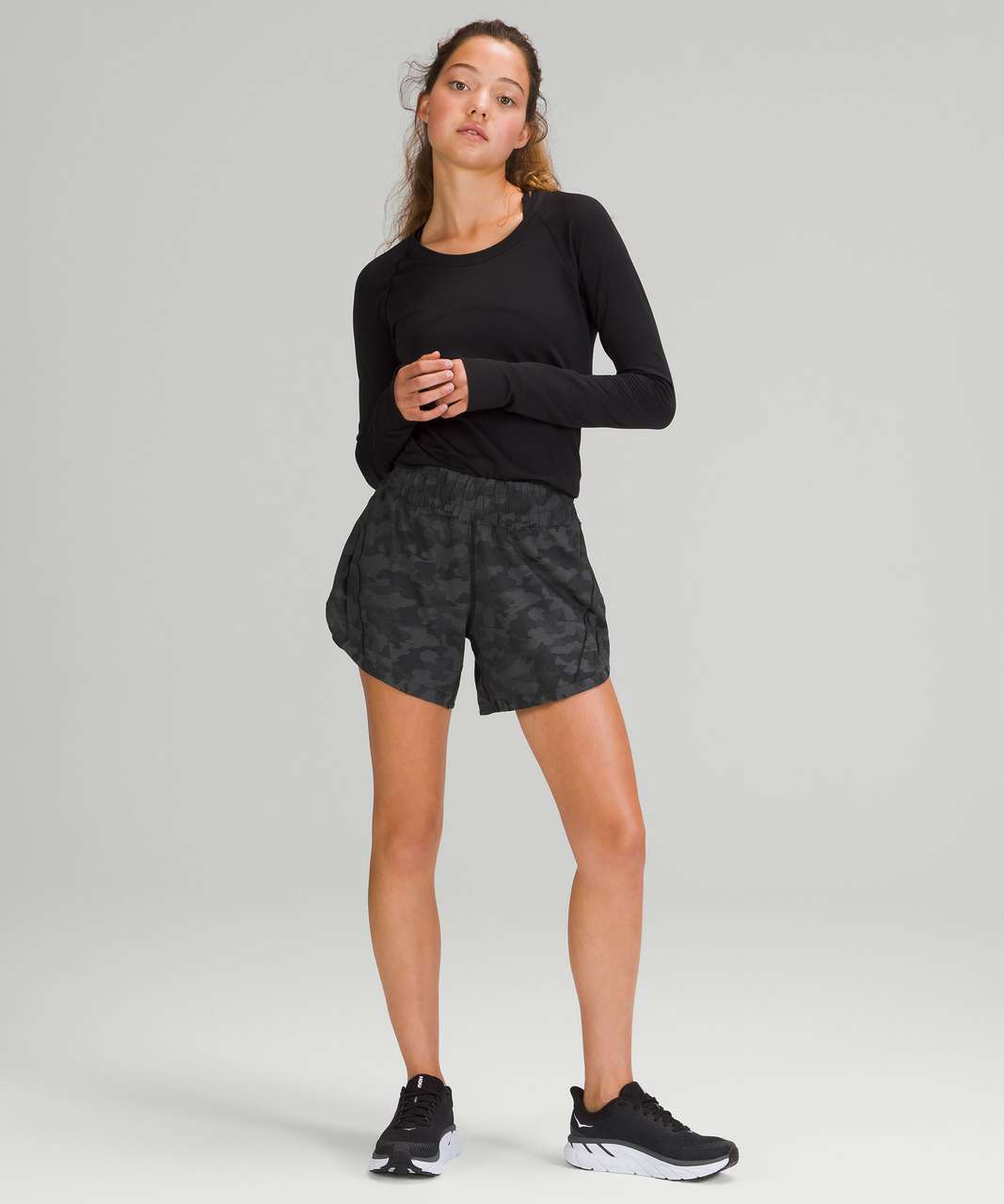 Lululemon Track That Mid-rise Lined Shorts 5 In Heather Lux Black