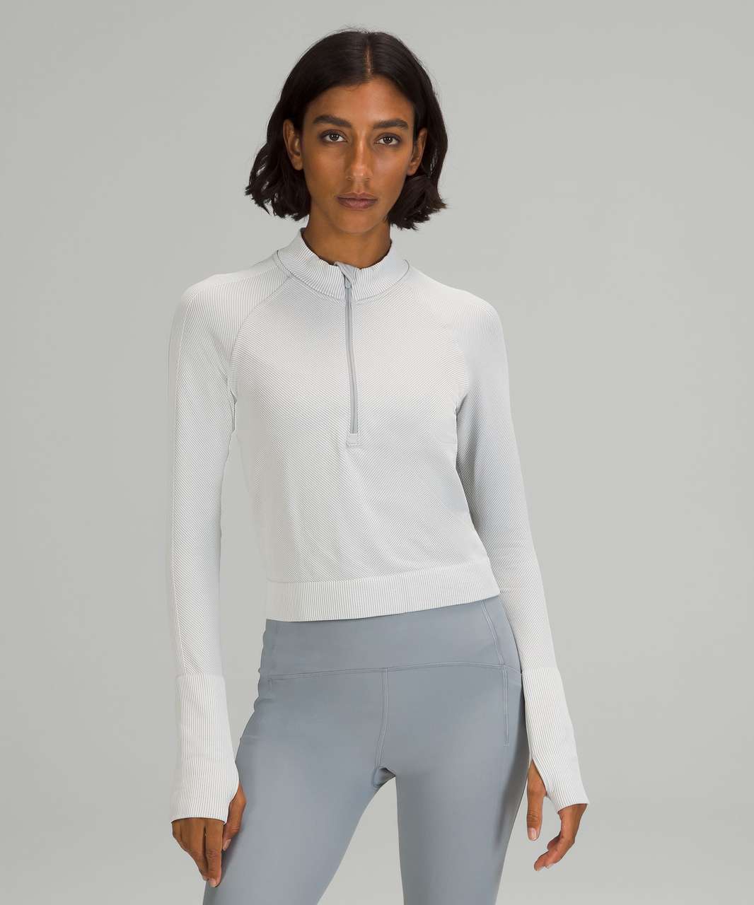 Lululemon Rest Less Cropped 1/2 Zip - Diagonal Rib Silver Drop / White -  lulu fanatics