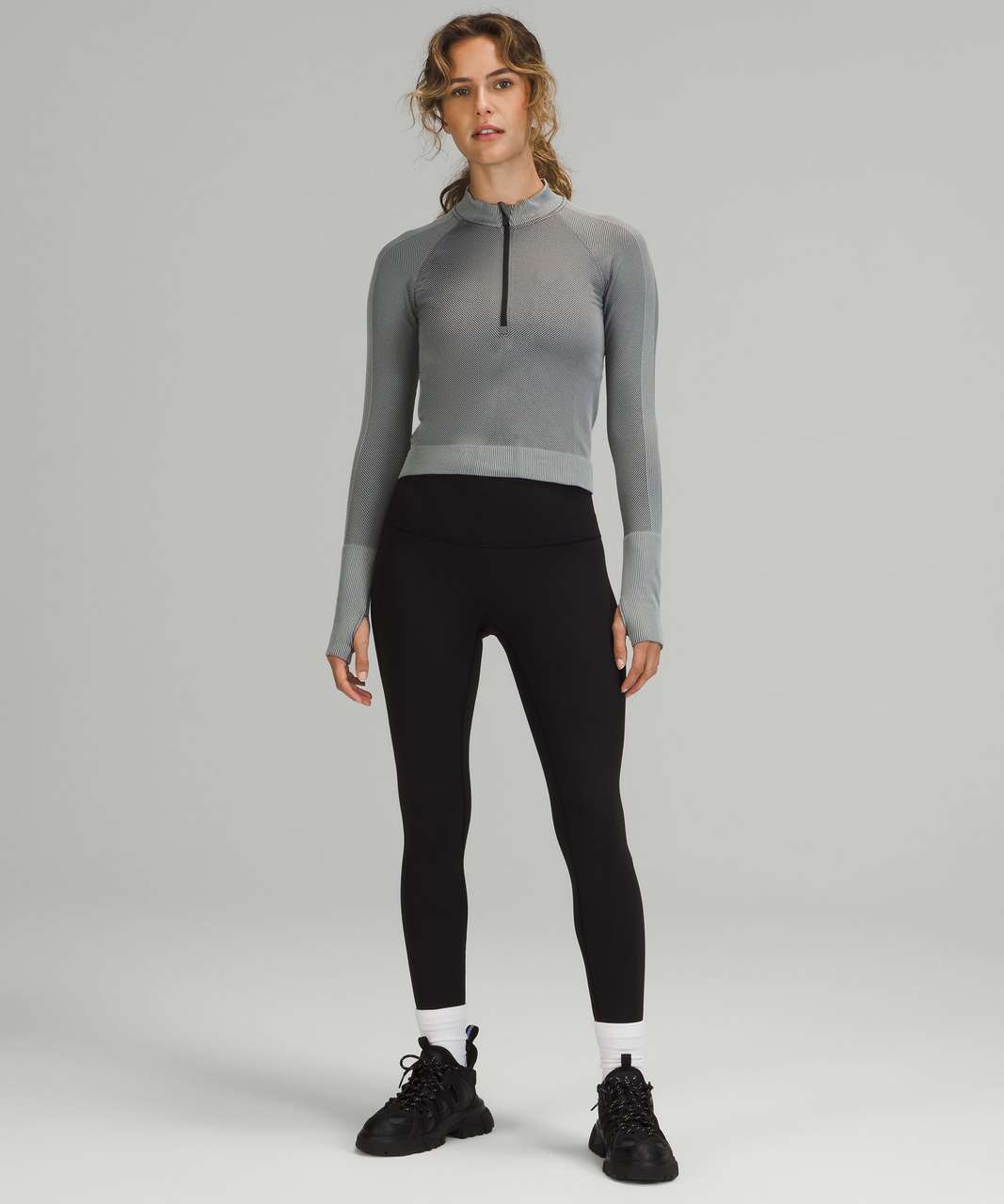 Lululemon Rest Less Cropped 1/2 Zip - Diagonal Rib Black / Rhino