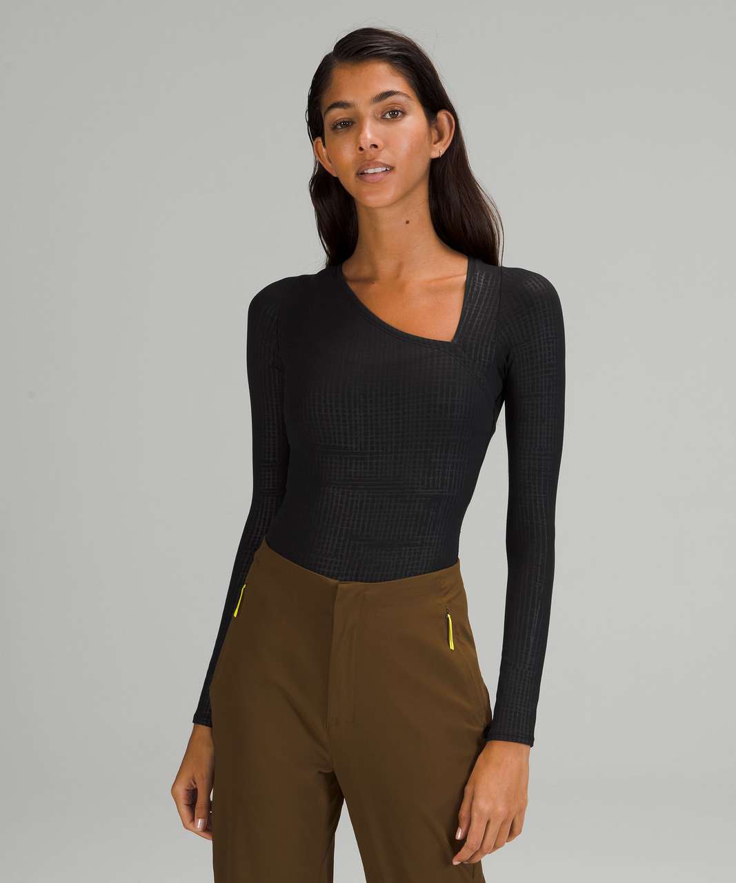 Lululemon lab Asymmetrical Long Sleeve Bodysuit - Disrupt Grid Emboss Yellow  Serpentine - lulu fanatics