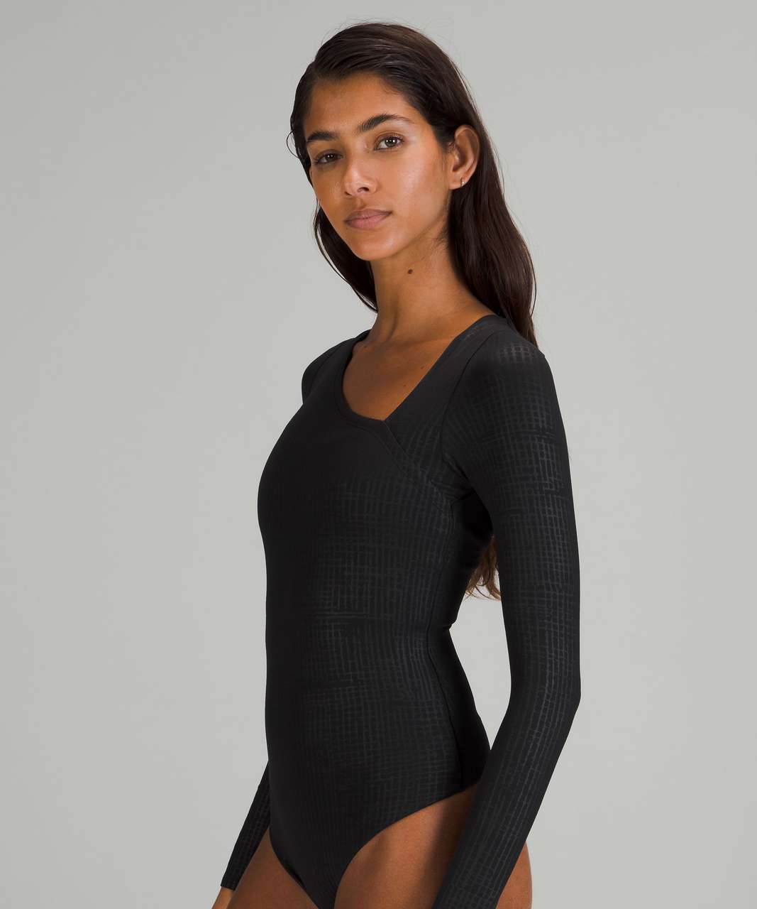 Lululemon lab Asymmetrical Long Sleeve Bodysuit - Disrupt Grid Emboss Black