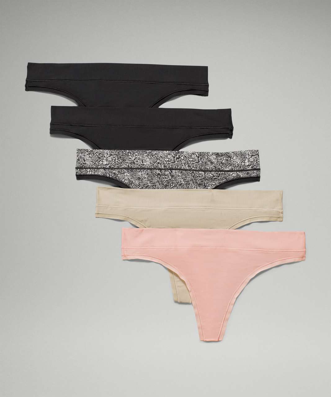 Lululemon UnderEase Mid Rise Thong Underwear*5 Pack - Black / Black / Pink Mist / Raw Linen / Offbeat Mini Chrome Black