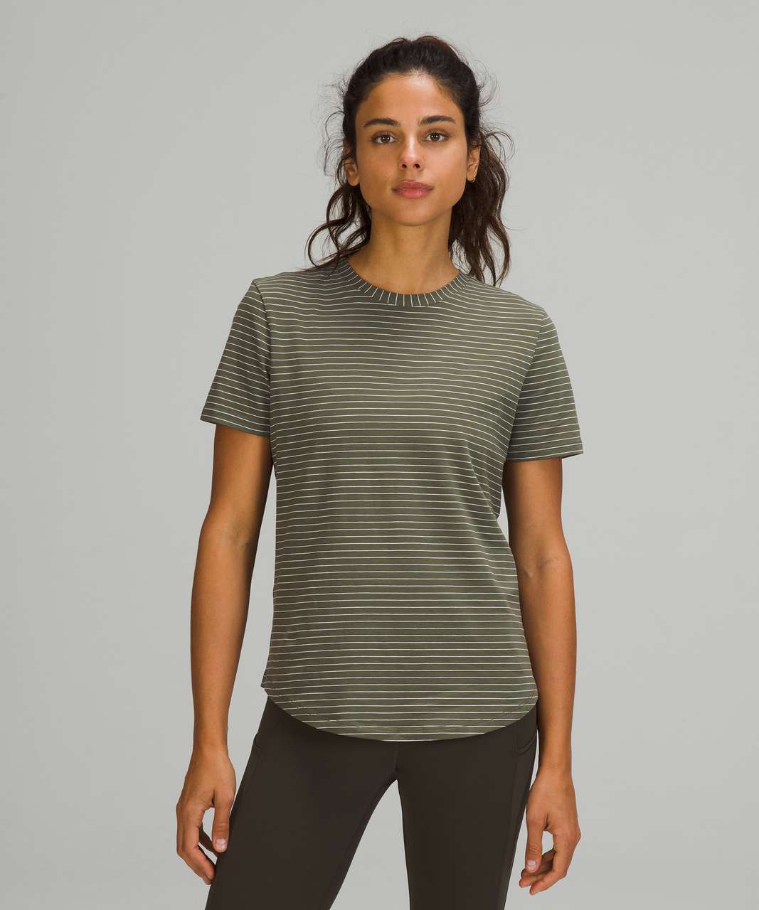 Ivivva Lululemon Girls Grey and White Striped Short Sleeve Shirt