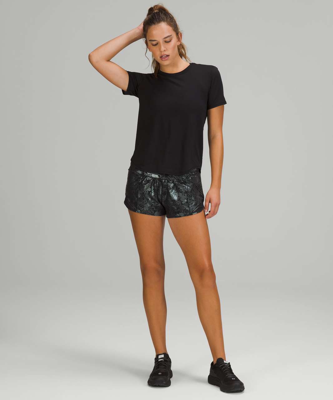 Lululemon Hotty Hot Low-Rise Lined Short 2.5" - Logo Flourish Black Iridescent Foil / Black