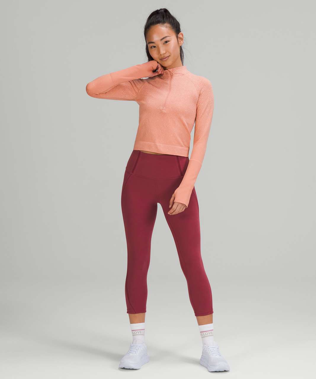 Lululemon Rest Less Cropped Half-Zip - Herringbone Fade Pink Savannah / White