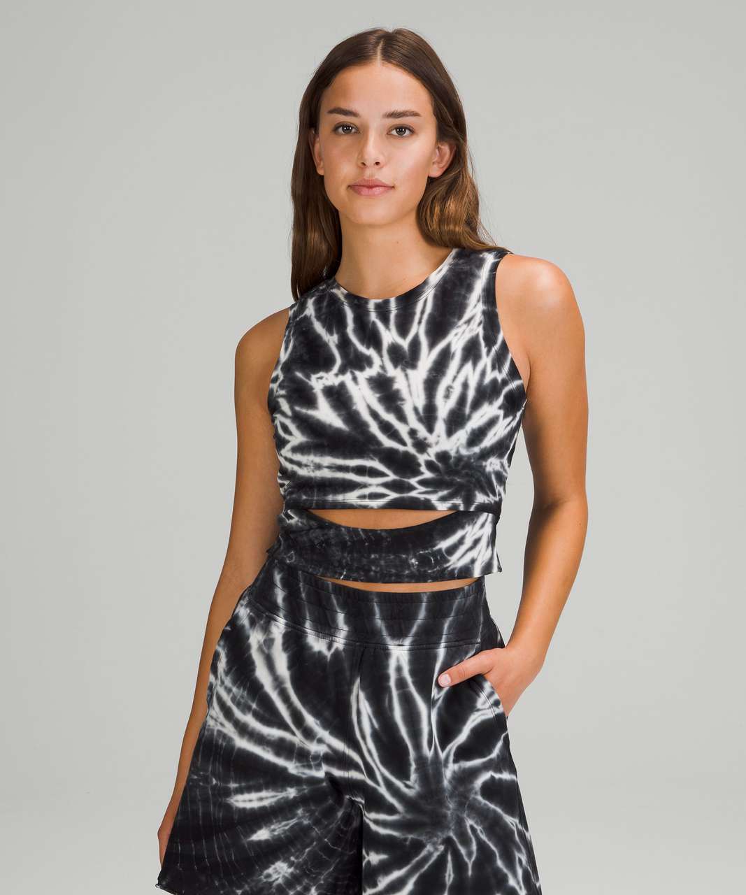 Lululemon LA Front Cut-Out Crop Top - Black White Tie Dye