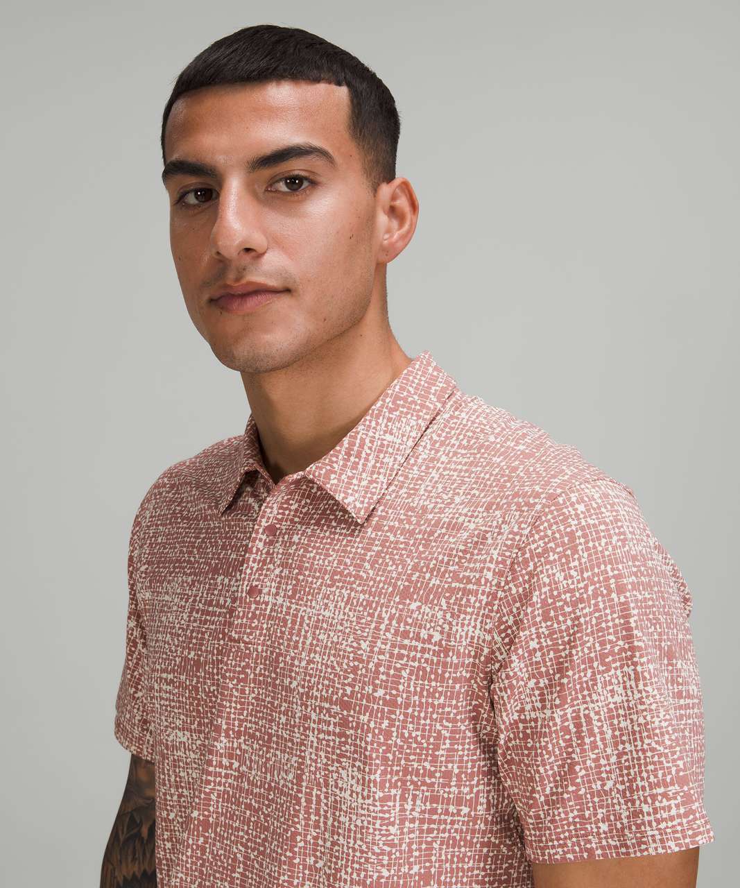 Lululemon Snap Front Performance Short Sleeve Polo Shirt - Duo Grid White Opal Spiced Chai