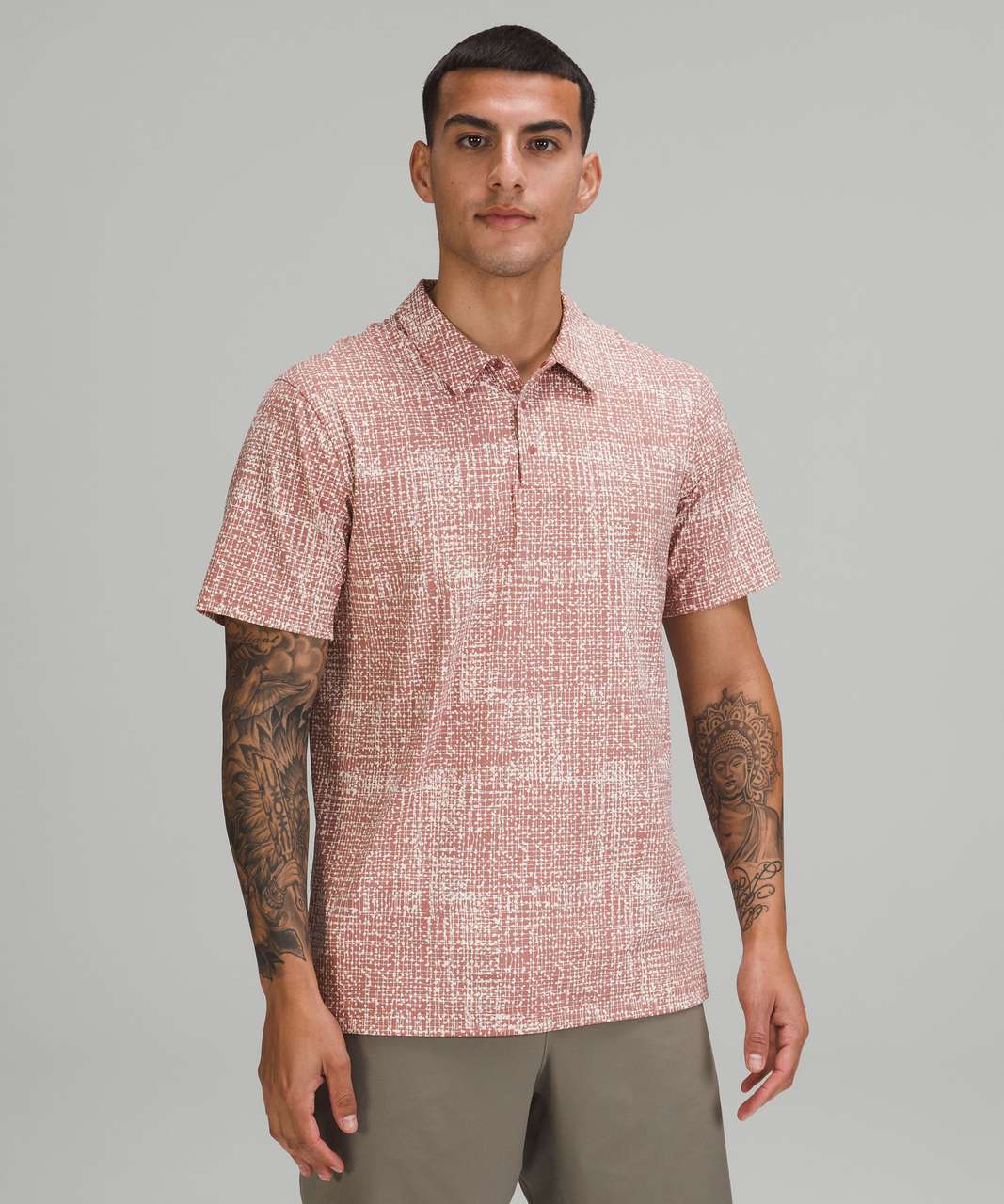 Lululemon Snap Front Performance Short Sleeve Polo Shirt - Duo Grid White Opal Spiced Chai