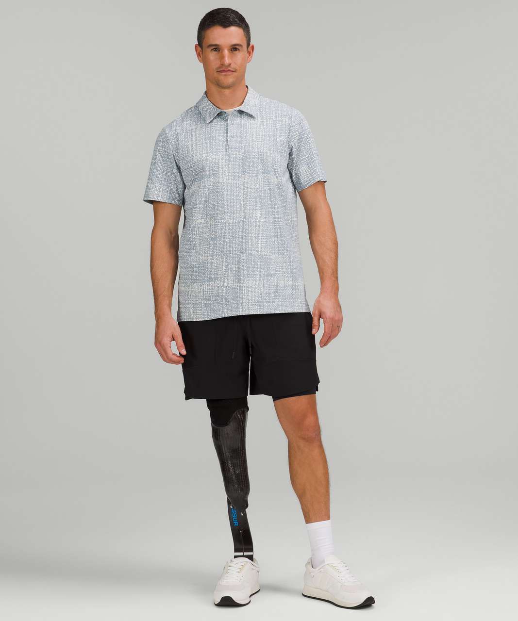 Lululemon Snap Front Performance Short Sleeve Polo Shirt - Duo Grid White Opal Chambray