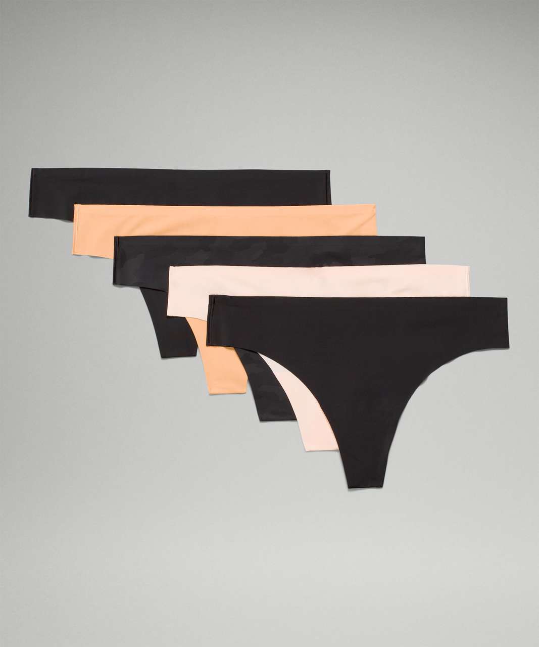 Lululemon InvisiWear Mid-Rise Thong Underwear 5 Pack - Black / Black / Butter Pink / Warm Apricot / Heritage 365 Camo Mini Deep Coal Multi