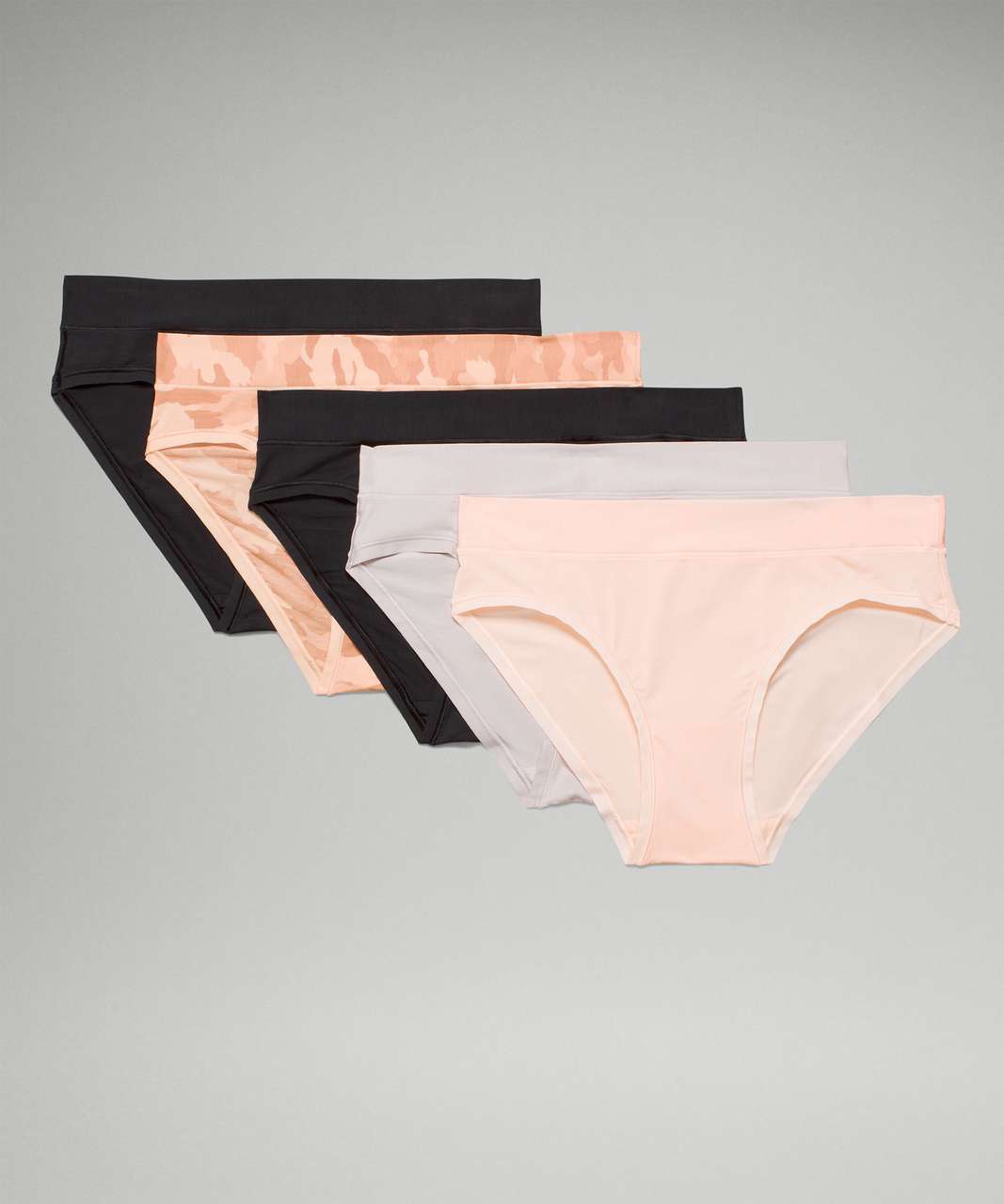 Lululemon UnderEase Mid-Rise Bikini Underwear 5 Pack - Black / Black / Butter  Pink / Chrome / Heritage 365 Camo Mini Peach Satin Multi - lulu fanatics