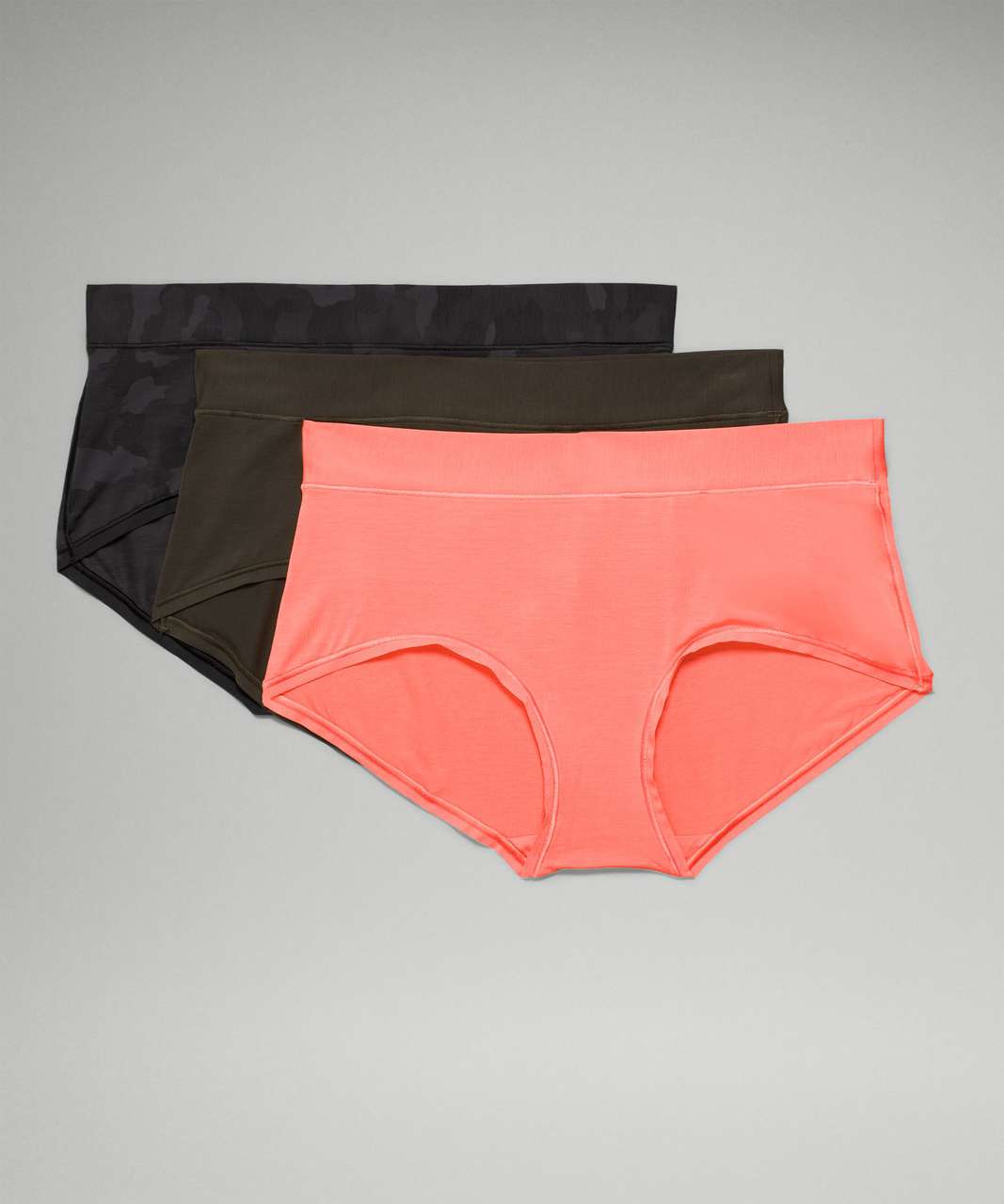 Lululemon UnderEase Mid-Rise Boyshort Underwear 3 Pack - Raspberry Cream / Dark Olive / Heritage 365 Camo Mini Deep Coal Multi