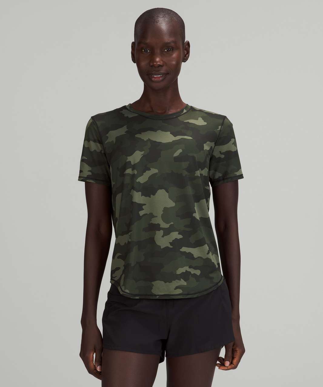 Black Crew-neck T-shirt with Olive Camouflage Shirt Jacket Casual