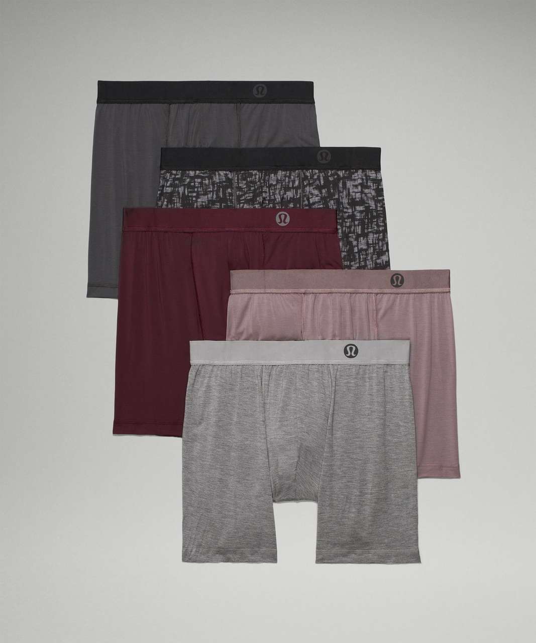 Lululemon Always In Motion Boxer 5" 5 Pack - Lunar Rock / Heathered Core Medium Grey / Drop Stitch Asphalt Grey Black / Graphite Grey / Cassis