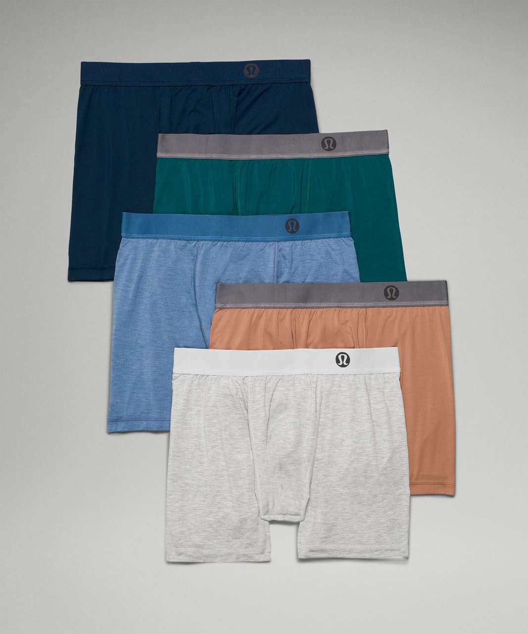 Lululemon Always In Motion Boxer 5" 5 Pack - True Navy / Dusty Clay / Emerald / Heathered Vapor / Heathered Soft Denim