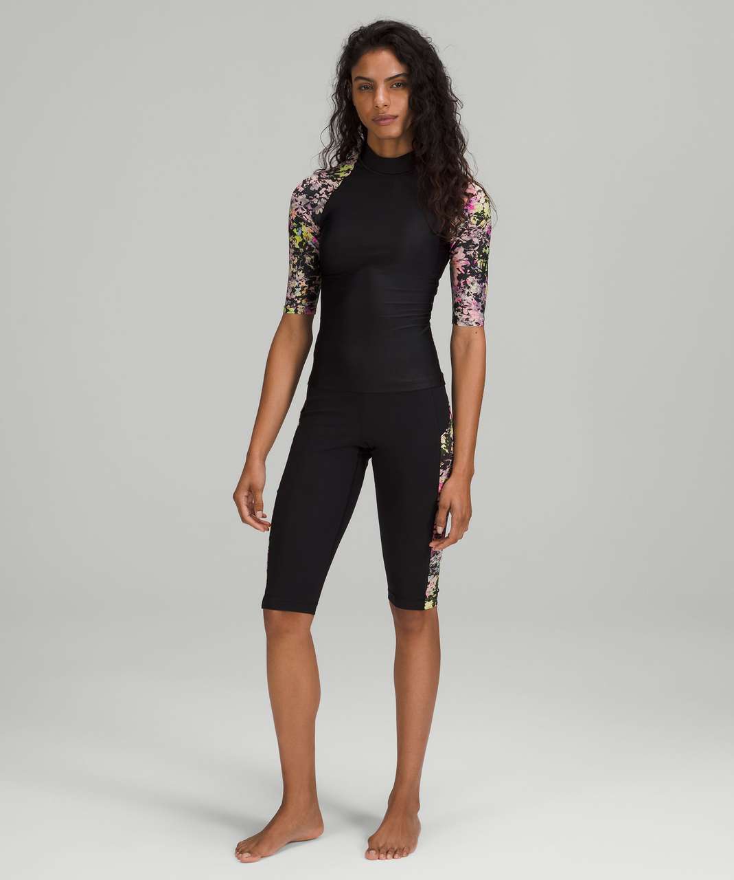 Lululemon Waterside UV Protection Short-Sleeve Rash Guard - Black / Stencil Blossom Pink Multi