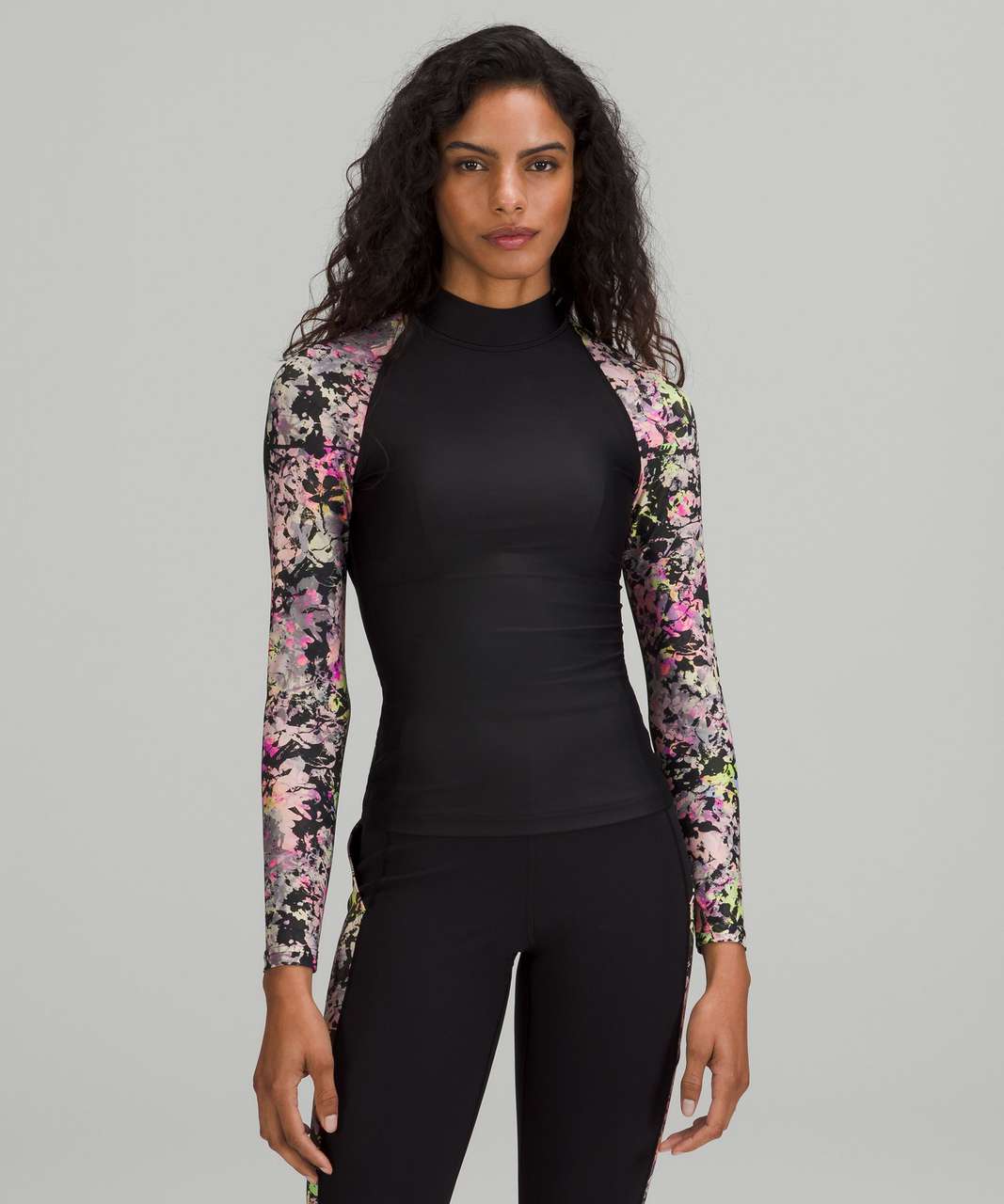 Lululemon Waterside UV Protection Long-Sleeve Rash Guard - Black / Stencil Blossom Pink Multi