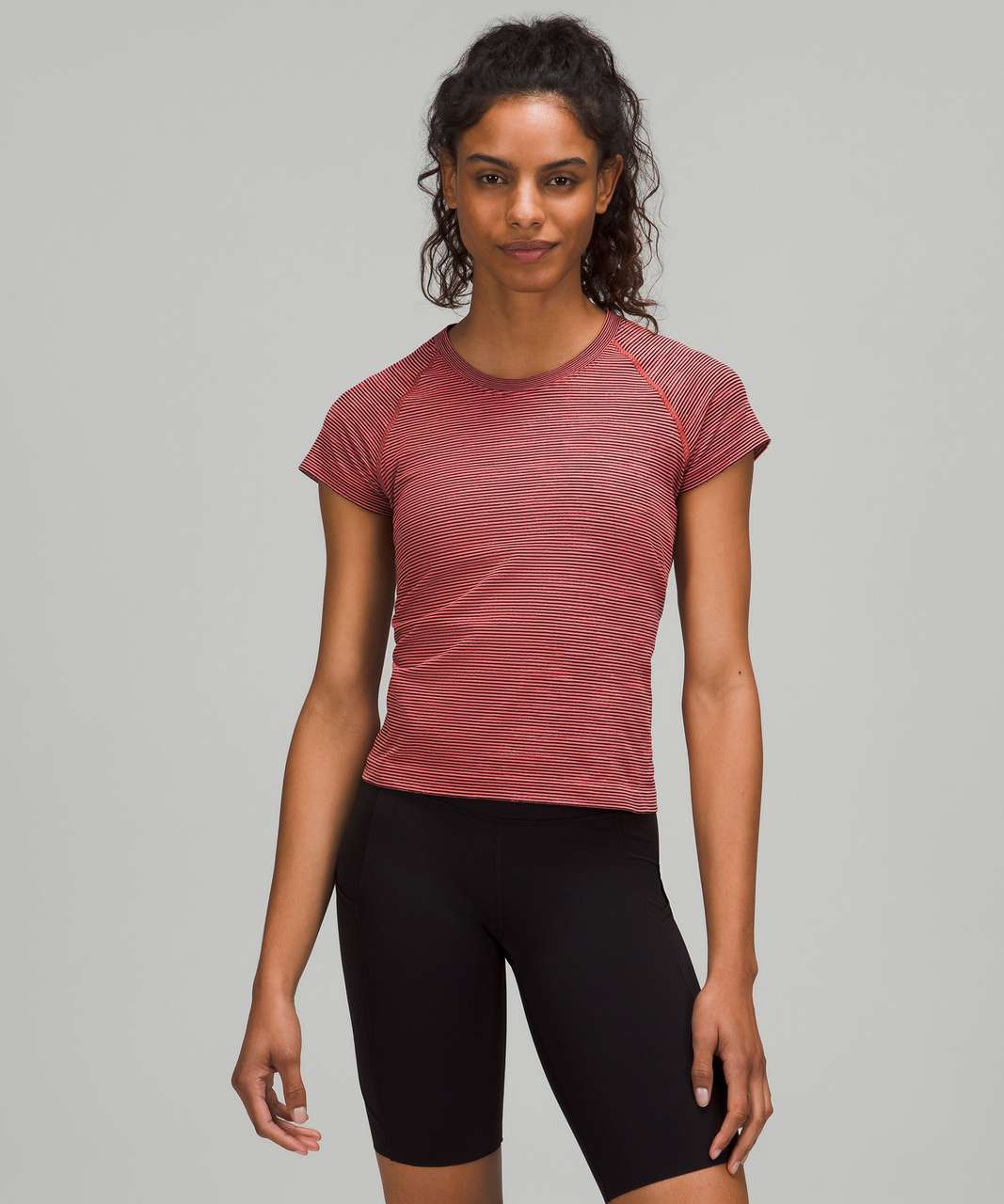 Lululemon Swiftly Tech Short Sleeve Shirt 2.0 *Race Length - Chroma Check Stripe Raspberry Cream / Black / Flare Multi