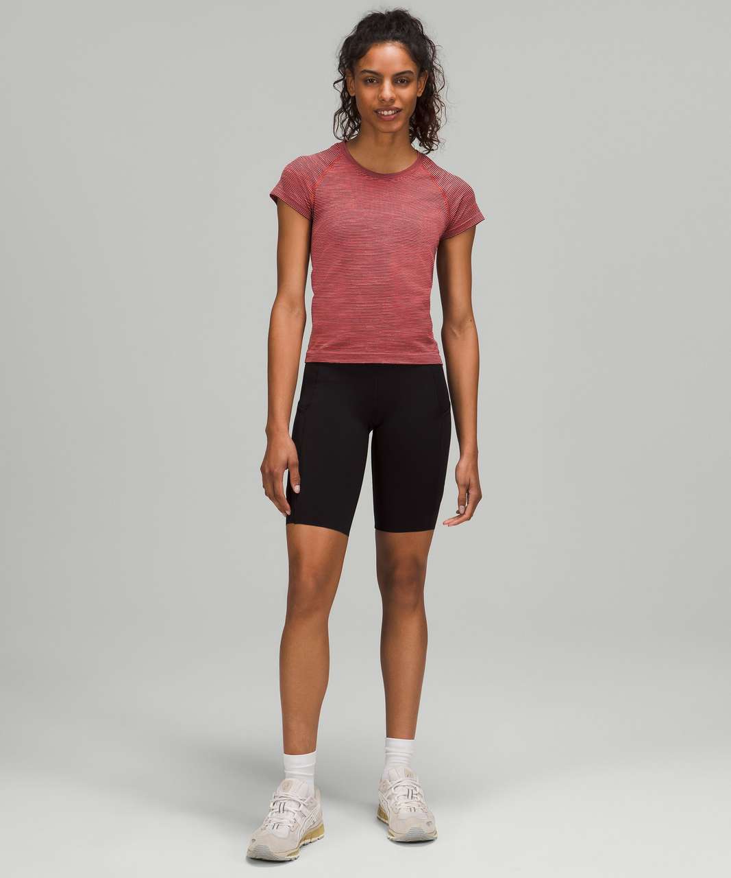 Lululemon Swiftly Tech Short Sleeve Shirt 2.0 *Race Length - Chroma Check Stripe Raspberry Cream / Black / Flare Multi