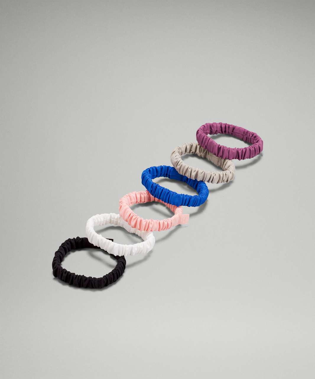 Lululemon Skinny Scrunchie 6 Pack - Black / White / Dew Pink / Blazer Blue Tone / Raw Linen / Vintage Plum