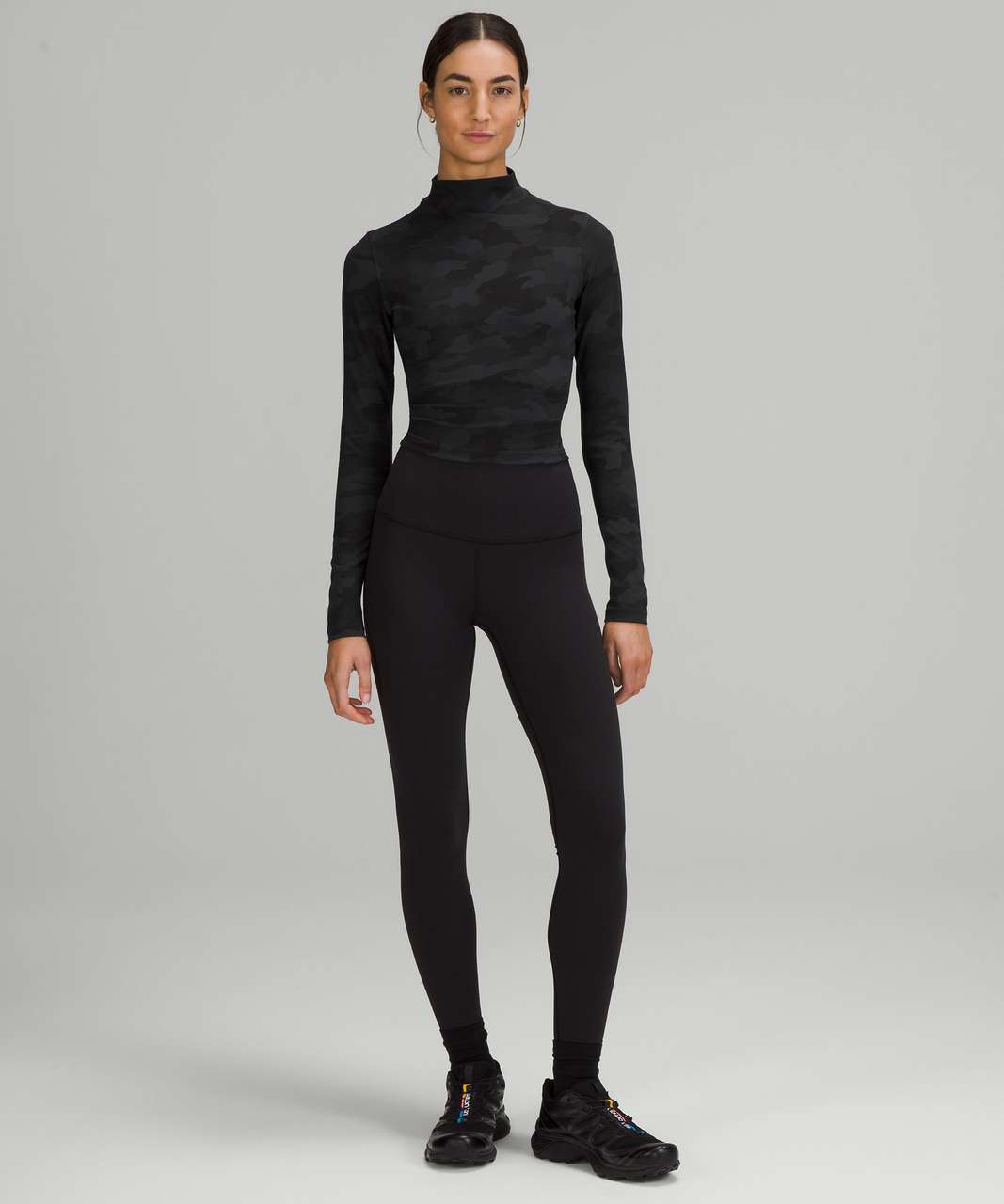 LA Open back mock neck LS in black granite (10) paired with groove pants  (8) and Free to be serene Brown earth camo (10) : r/lululemon