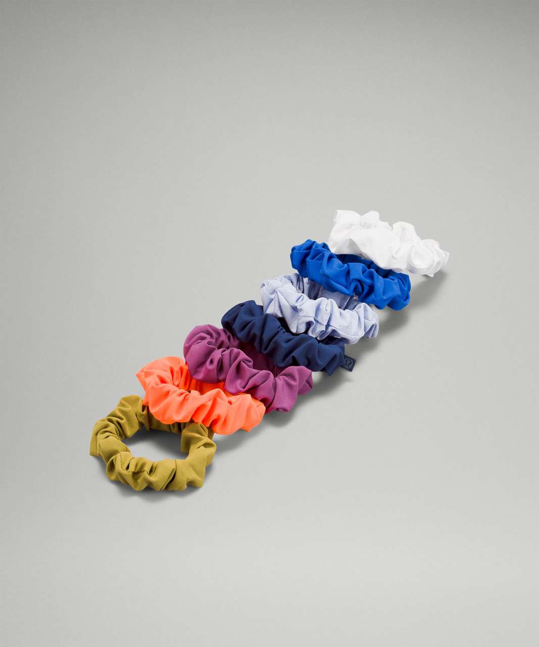 Lululemon Uplifting Scrunchie 7 Pack - Auric Gold / Highlight Orange / Vintage Plum / Mineral Blue / Gravel Dust Pastel Blue Multi / Blazer Blue Tone / White