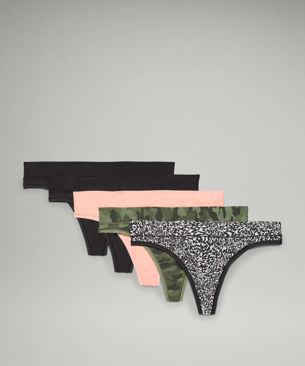 Lululemon UnderEase Mid-Rise Thong Underwear 5 Pack - Black / Black / Dew Pink / Heritage 365 Camo Mini Green Twill Multi / Warped Grain Alpine White Black