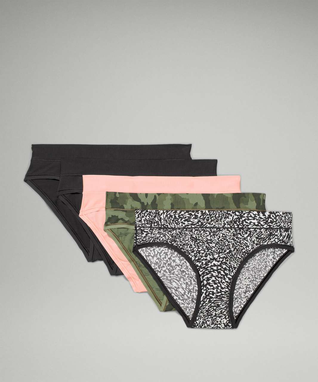 Lululemon UnderEase Mid-Rise Bikini Underwear 5 Pack - Black / Black / Dew Pink / Heritage 365 Camo Mini Green Twill Multi / Warped Grain Alpine White Black