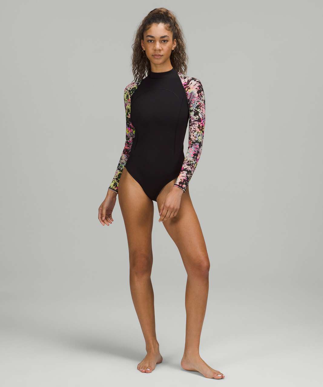 Lululemon Long-Sleeve Zip-Back Paddle Suit *Medium Bum Coverage - Black / Stencil Blossom Pink Multi