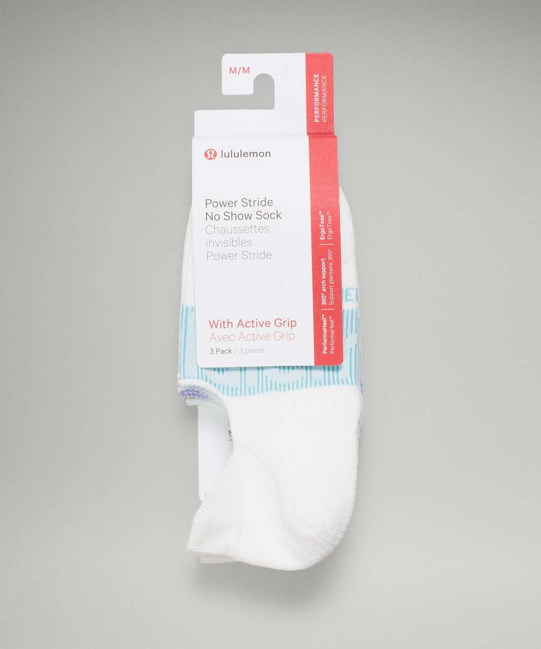 Lululemon Power Stride No-Show Sock with Active Grip 3 Pack - White / Bondi Blue / Light Electric Indigo